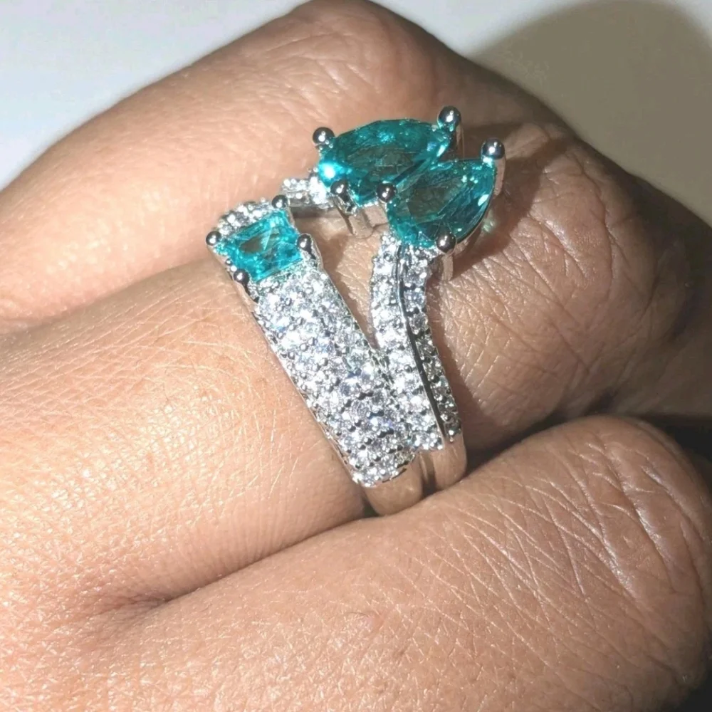S925 Silver 5.10CTW EMERALD & WHITE Lab-Created DIAMOND Engagement Ring Sz 7
